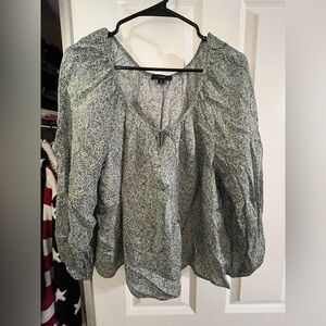 J. Crew Silky Green and White Floral Puff-Sleeve Blouse